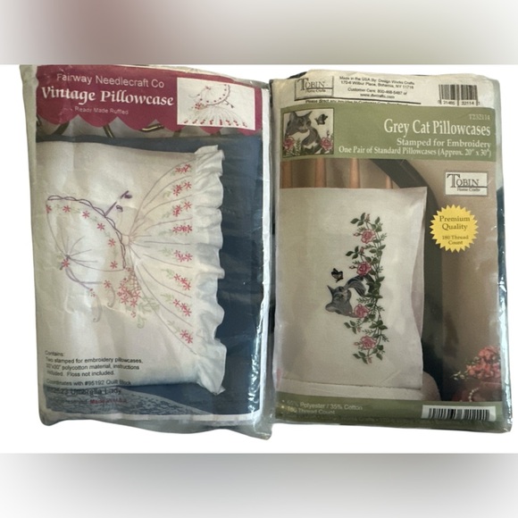 New Vintage and Grey Cat Embroidery Pillowcase Sewing Set - Picture 1 of 8